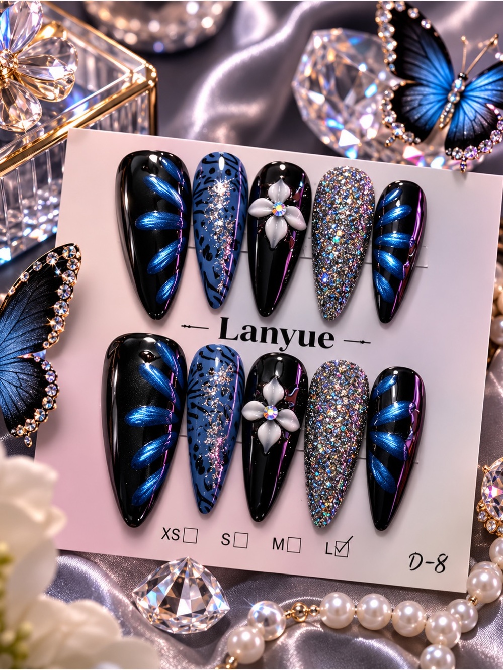 Hand-Painted Black & Blue Floral Stiletto Press-On Nails